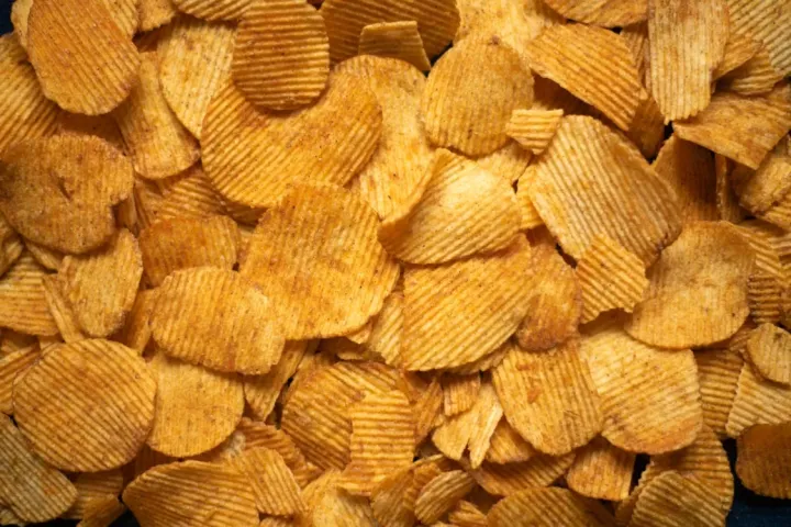 A pile of ridge-cut crisps, seen from above
