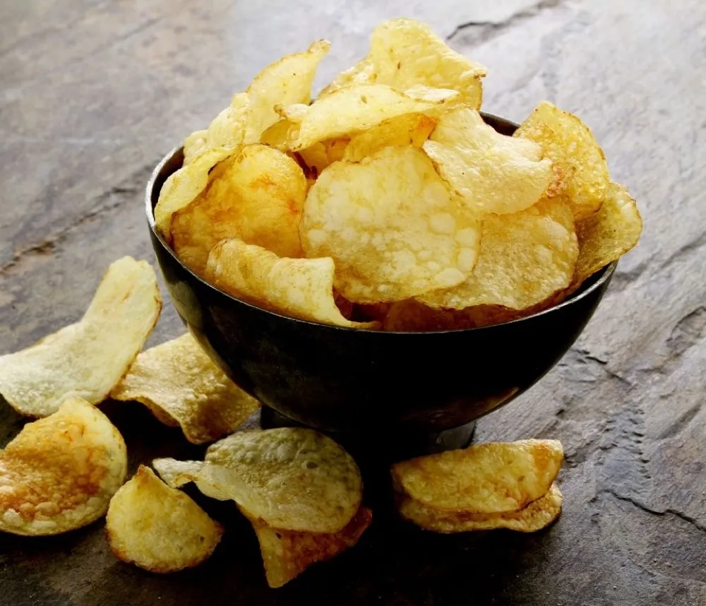 A bowl of Pipers Anglesey Sea Salt crisps